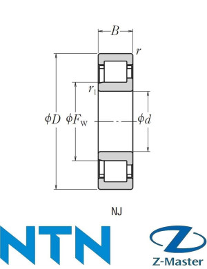 Цилиндрический роликоподшипник NJ2205EAT2X NTN (25×52×18), Ultage EA/T2X